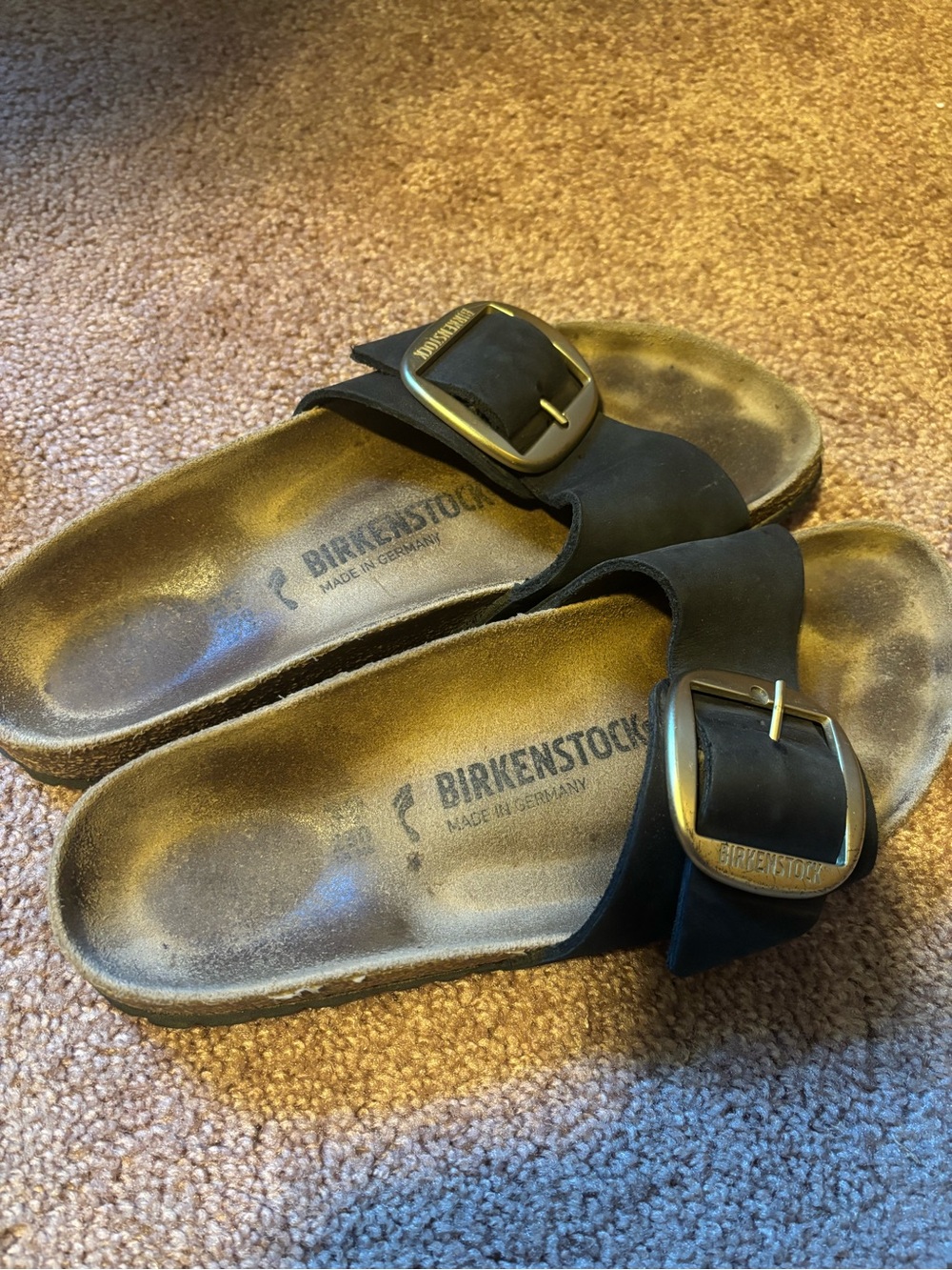Birkenstock Black Single-Strap Sandals with Gold Buckles - Picture 2 of 4